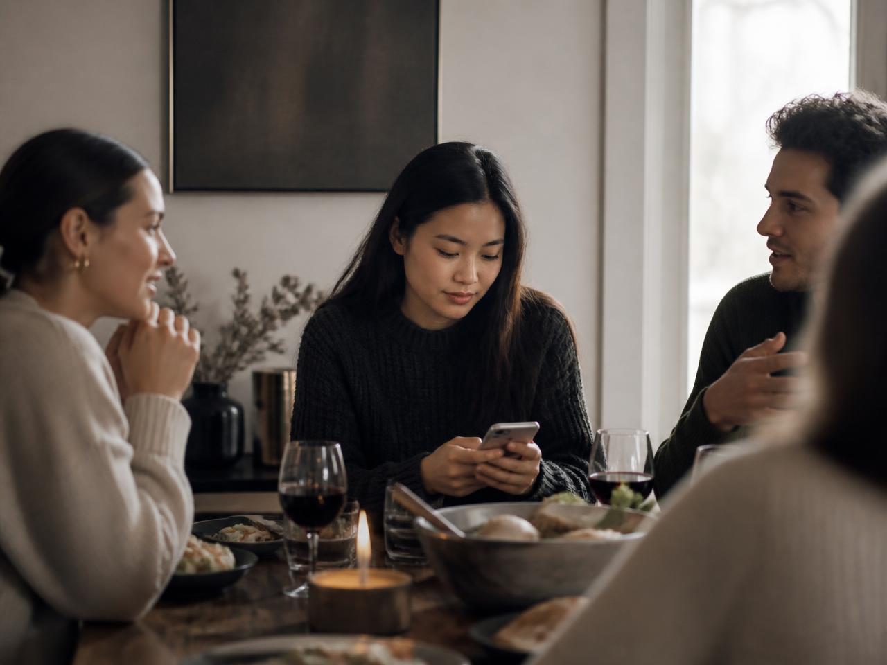 Friends at dinner while one person looks down at a phone