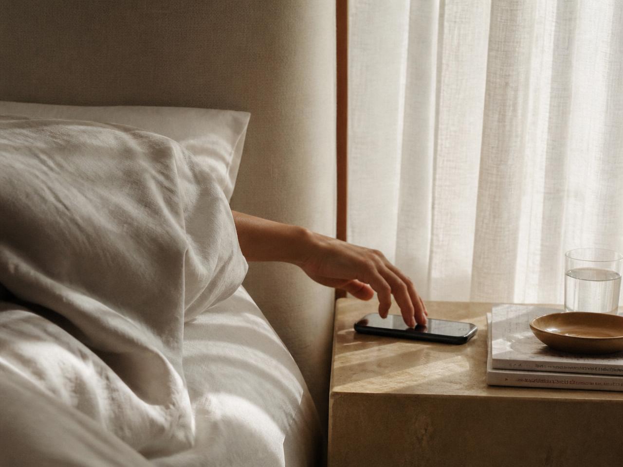 Hand reaching for a phone on a nightstand in morning light