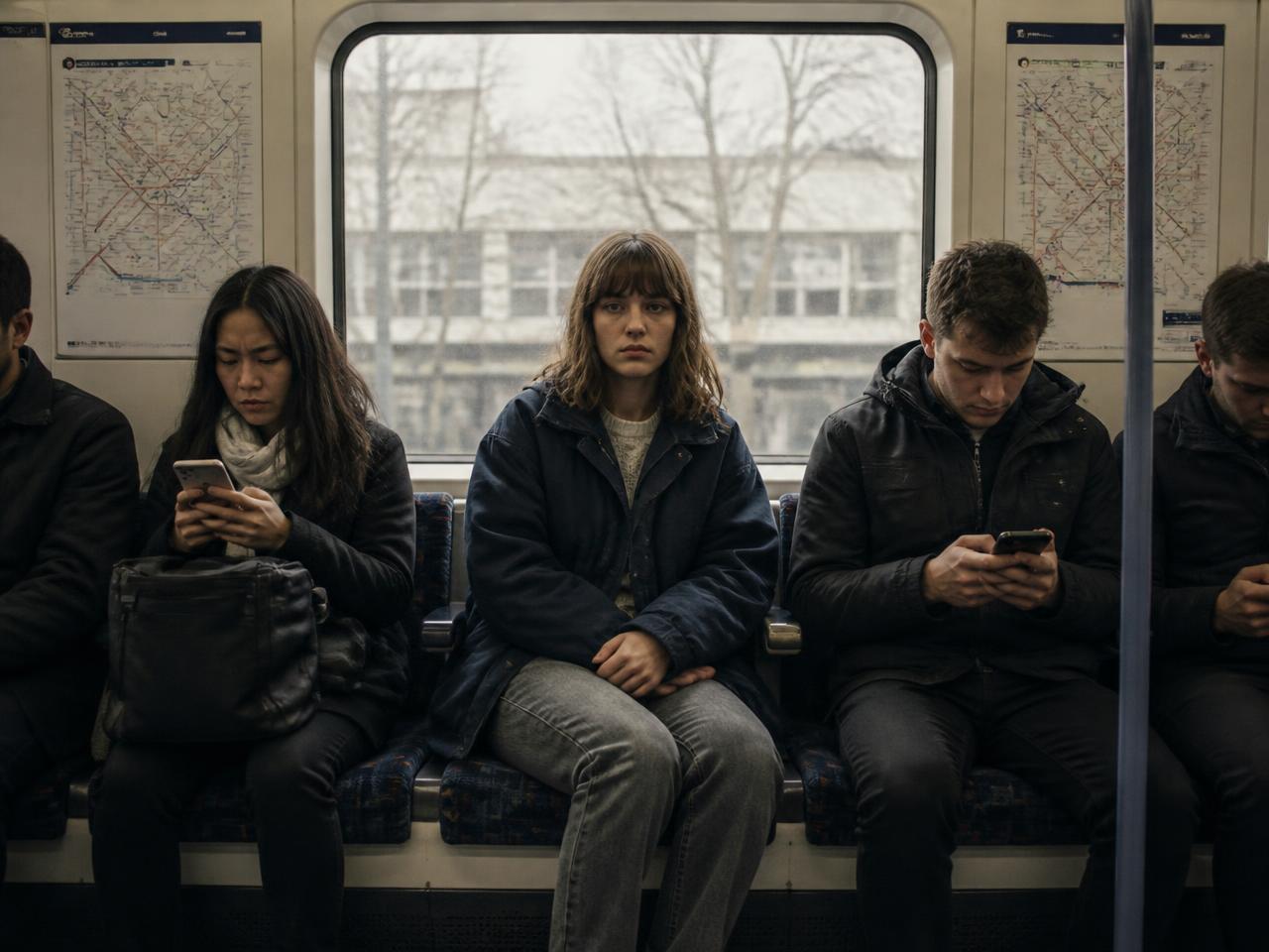 Passengers on public transport, each one looking down at a phone